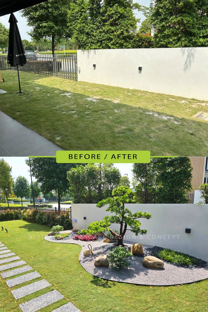 showing the transformation from a plain grass patch to a modern zen garden featuring a gravel bed, large boulders, a Podocarpus bonsai, and decorative stepping stones.
